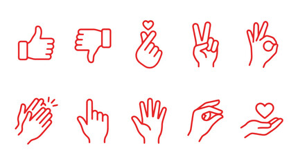 Fototapeta premium Minimalist red line hand gesture icons, set of 10 human hand signs and finger symbols, modern outline vector illustrations for social media and UI design