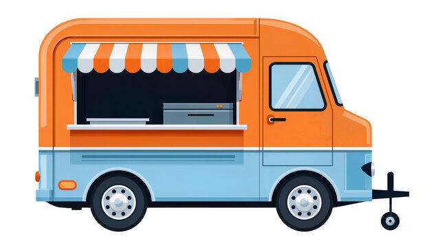 Orange and blue food truck with striped awning and serving window