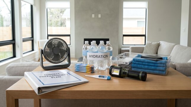 Essential home climate preparedness kit with hydration bottles emergency rations portable fan flashlight and safety plan binder resting on wooden table indoors.