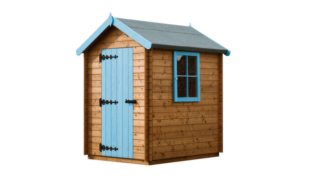 Wooden garden shed with blue doors and window