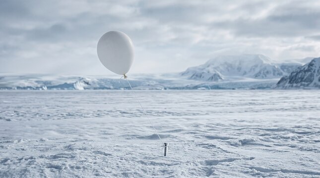 A single matte helium balloon attached to a thin string standing alone on a vast Antarctic ice plain
