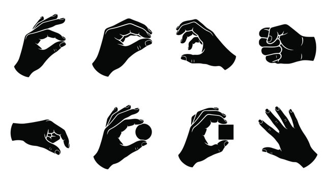 Black hand silhouettes set, human hand gestures and palm poses vector collection, 8 icons of fingers holding objects and making signs