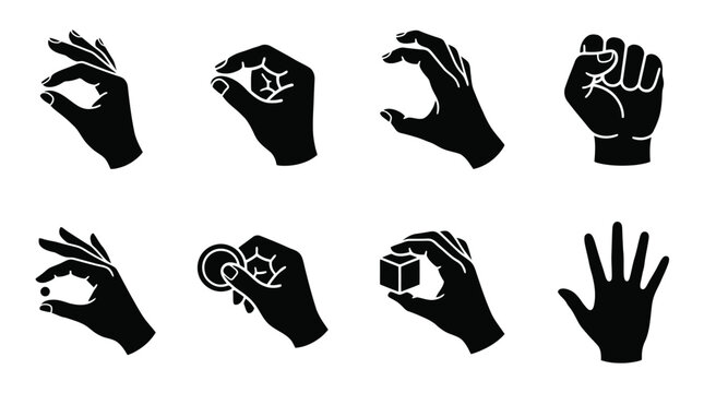 Black hand gestures silhouette icons, set of 8 human hand poses and finger movements, palm and fist vector illustrations for UI design