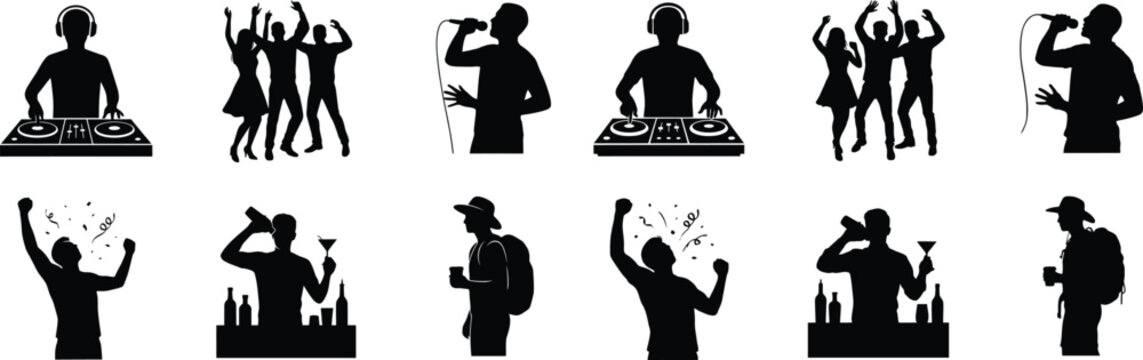 Silhouettes of people at celebration events including djs dancing groups singers and hikers for lifestyle.
