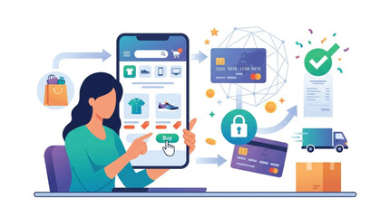 Fototapeta premium Woman using mobile app for online shopping with credit cards, secure payment, and delivery truck in a clean, modern illustration conveying convenience and e-commerce