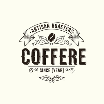 Classic badge-style logo for artisanal coffee brands, featuring coffee beans and decorative ribbons for a premium feel.
