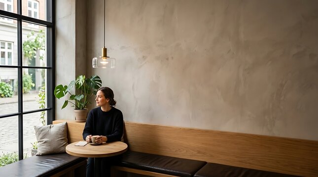 Woman sitting in a minimalist cafe looking out a large window