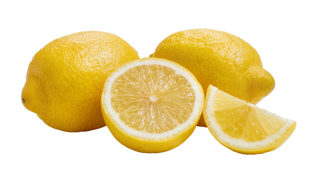 Whole and cut lemons with slice on white