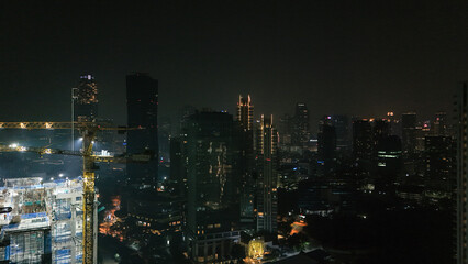 Naklejka premium Illuminated Construction Crane Operates At Night Overlooking Sprawling Urban Skyline