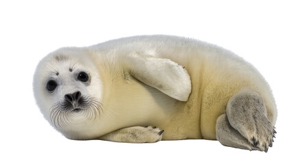 Harp seal pup with fluffy white fur lying down © Lisa