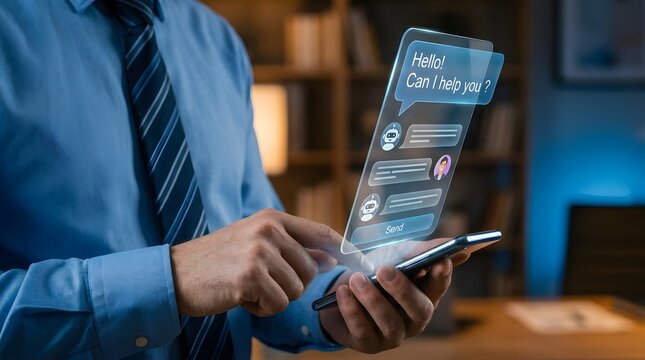 Modern business service concept with AI chat agent delivering artificial intelligence powered communication, customer assistance and digital support automation