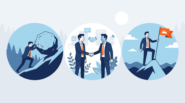 Business Growth Journey Illustration featuring three stages of professional success from struggle to partnership and achievement, ideal for corporate presentations and career development blogs.