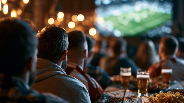  Group of male friends watching a live football match on a large blurred TV screen in a sports bar. Rear view of focused fans sitting at a wooden table with pints of beer and snacks. Concept of suppo