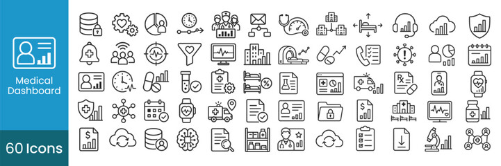 Medical dashboard outline icons collection. hospital medical care, clinic health and pharmacy management linear pack. © niloy