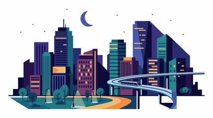 Obraz premium A cityscape at night featuring a curved elevated road and tall buildings