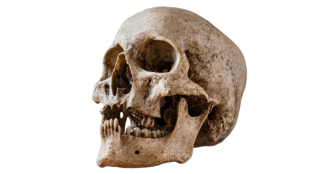 Human skull with mandible and teeth, aged bone texture