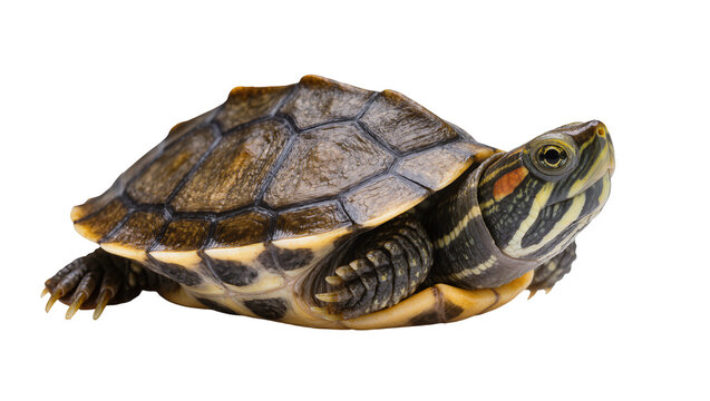 Red-eared slider turtle with yellow stripes on head and legs
