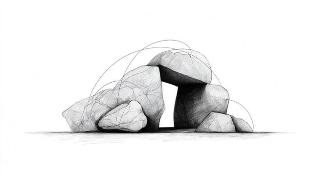Hand drawing megalithic stone structure creating entrance to cave or portal with at the end light