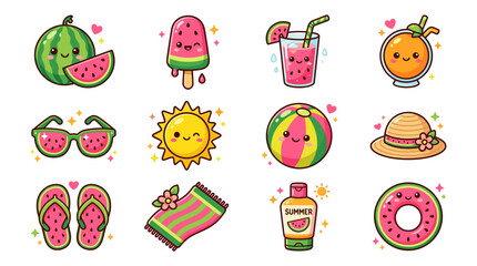 Fototapeta premium Colorful summer stickers featuring fruits, sunglasses, and beach