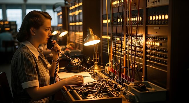 Vintage operator working at large mechanical telephone switchboard in dimly lit control room