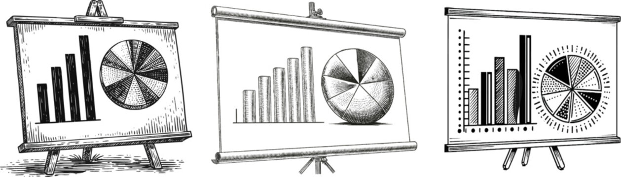 A vintage-inspired bar chart and pie graph on a clean presentation board feature intricate black ink shapes with fine line hatching and stippling against a pure white background