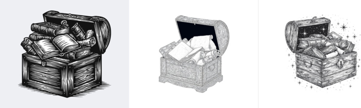 A vintage wooden chest brimming with glowing magic books and scrolls, rendered in intricate black-and-white vector tracing style, exudes an aura of ancient wisdom and mystical allure