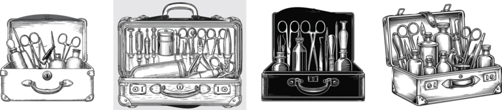 A vintage leather doctors bag filled with medical instruments is rendered in a high-contrast black and white vector illustration using classic etching and engraving line art methods