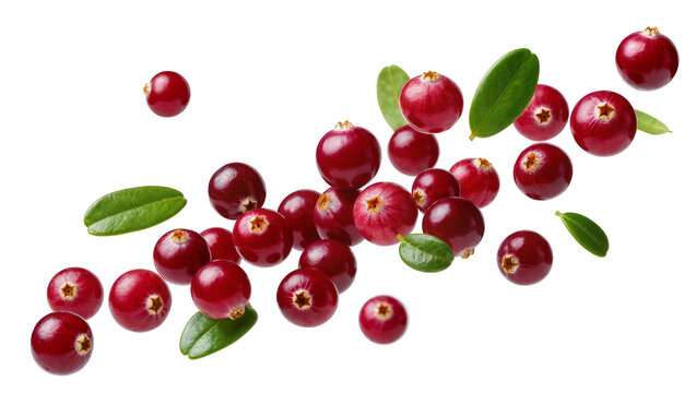 Fresh red cranberries with green leaves scattered
