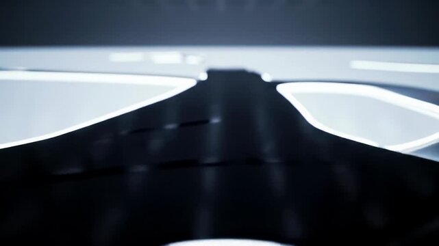 A slow crane video over a polished white surface tracks a deep-dark abstract pathway with cool white luminescence, forming and curving precisely, symbolizing clear objectives and forward momentum