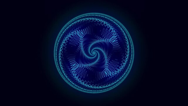 Neon glowing abstract spiral sphere animation, futuristic blue circular pattern on dark background, digital technology motion graphic, 4k, 60 fps, HUD, loop