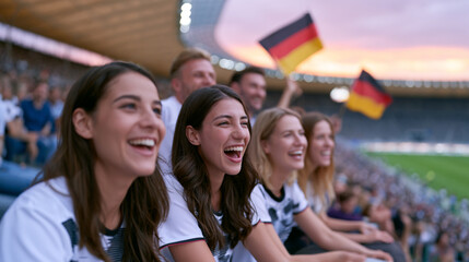 Fototapeta premium Enthusiastic German Football Fans Cheering in Stadium at Sunset During Championship Match