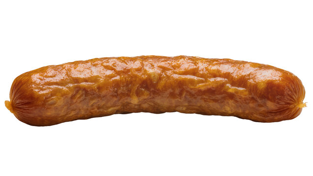 Smoked sausage link with tied ends and glossy skin
