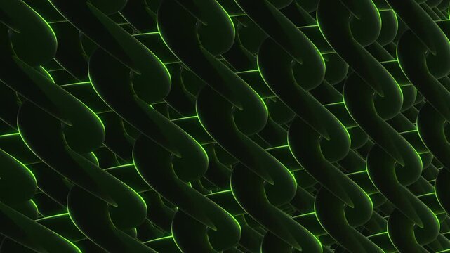 Abstract 3D green glossy chain pattern animation, futuristic interwoven rounded shapes, dark geometric technology background, 4k, 60 fps, HUD, loop