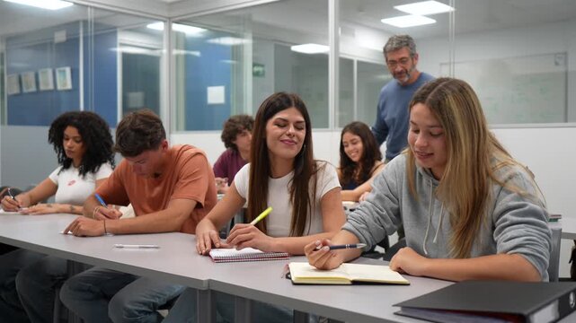 Group of diverse college students sitting at desks, writing notes and talking during a lecture, with a professor supervising them in a modern classroom setting at a university