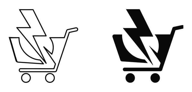  showcasing a shopping cart intertwined with a lightning bolt to symbolize fast and efficient shopping experiences. Shopping cart icon with lightning bolt representing fast online purchases