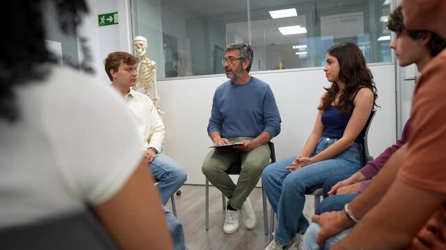 University students sit in a circle during an anatomy lesson, attentively listening to a mature professor explaining the human skeleton in a collaborative classroom setting
