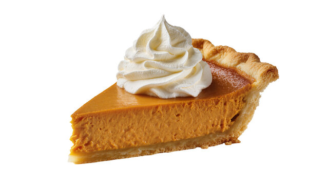 Slice of pumpkin pie with whipped cream topping