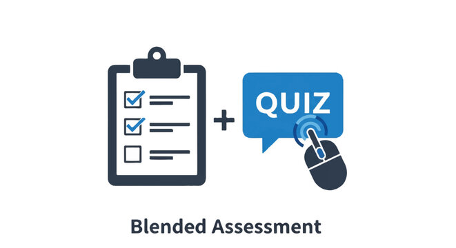 Blended assessment concept represented by clipboard and quiz icon in an instructional illustration.
