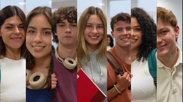 Happy multi ethnic group of seven young high school students with backpacks and notebooks standing in a college classroom, looking towards the camera and smiling, representing education