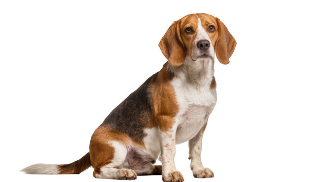 Beagle dog sitting tri-color coat, alert expression