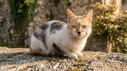 Obraz premium Small calico cat with intense golden eyes sits patiently on a rough stone wall during a warm sunny afternoon while looking directly into the camera lens with a calm expression.