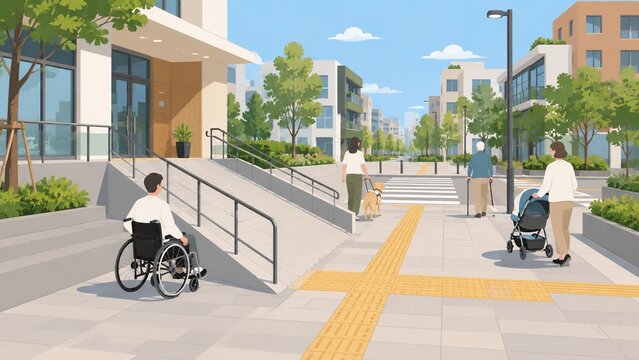 Diverse people with disabilities and elderly individuals walking on an accessible city street with a wheelchair ramp and tactile paving.