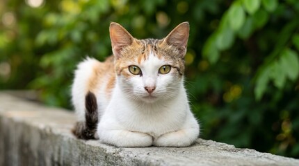 Obraz premium Beautiful calico cat with striking golden eyes sits gracefully upon a rustic concrete wall while looking directly into the camera lens in this high quality portrait shot captured outdoors today