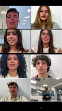 Diverse group of young students and their teacher attending an online class, listening to the lecture and waving goodbye at the end of the video conference from their respective homes and classroom