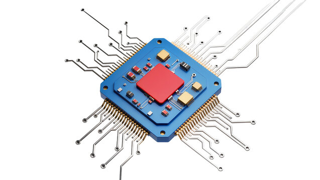 Blue integrated circuit with red central chip and gold pins