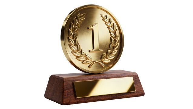 Golden medal with number 1 and laurel wreath on wooden base