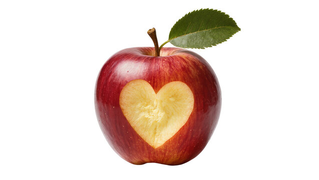 Red apple with heart shape carved out and green leaf