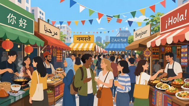 Lively international food market with diverse people enjoying various cuisines and cultural exchanges under signs with different languages.