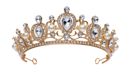 Ornate gold tiara with clear crystals and pearls © Johanna