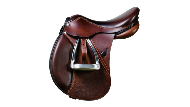 Brown leather jumping saddle with silver stirrup